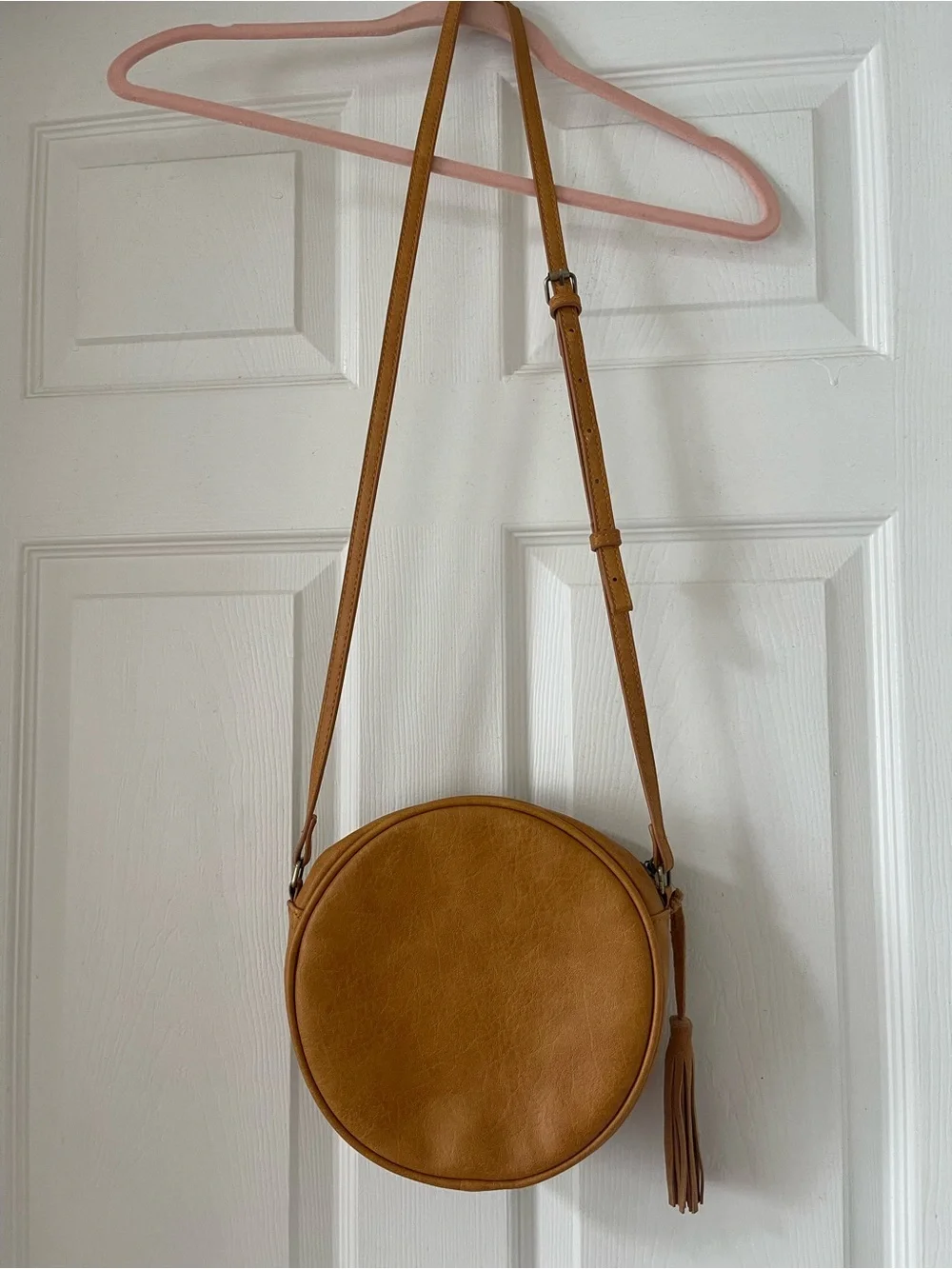 Antik Kraft Round Crossbody Bag in Tan with Tassel
